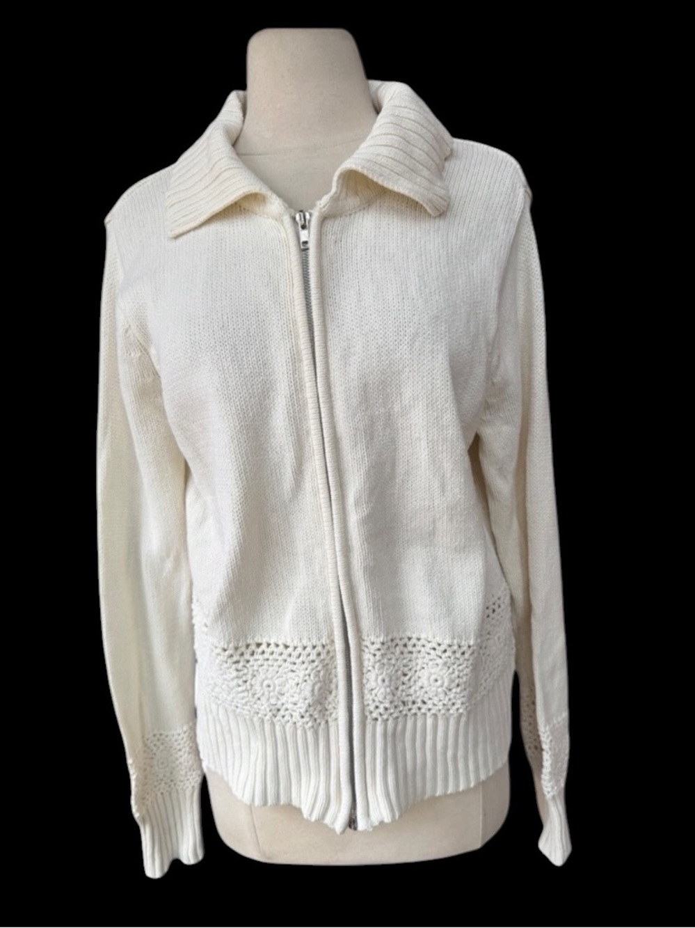 1990s/Y2K White Stag Ivory Full-Zip Crochet-Style Open Knit Band at Waist & Cuff
